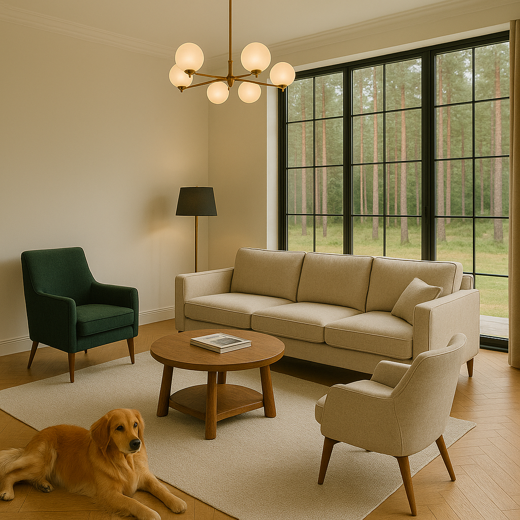 большая контата загородного дома с приятным светлым интерьером и дизайнерскими светильниками: люстрой из латуни и торшером с зеленым абажуром