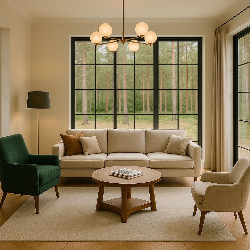 светлый интерьер комнаты загородного дома с дизайнерской люстрой и зеленым абажуром, большими окнами за которыми видны сосны