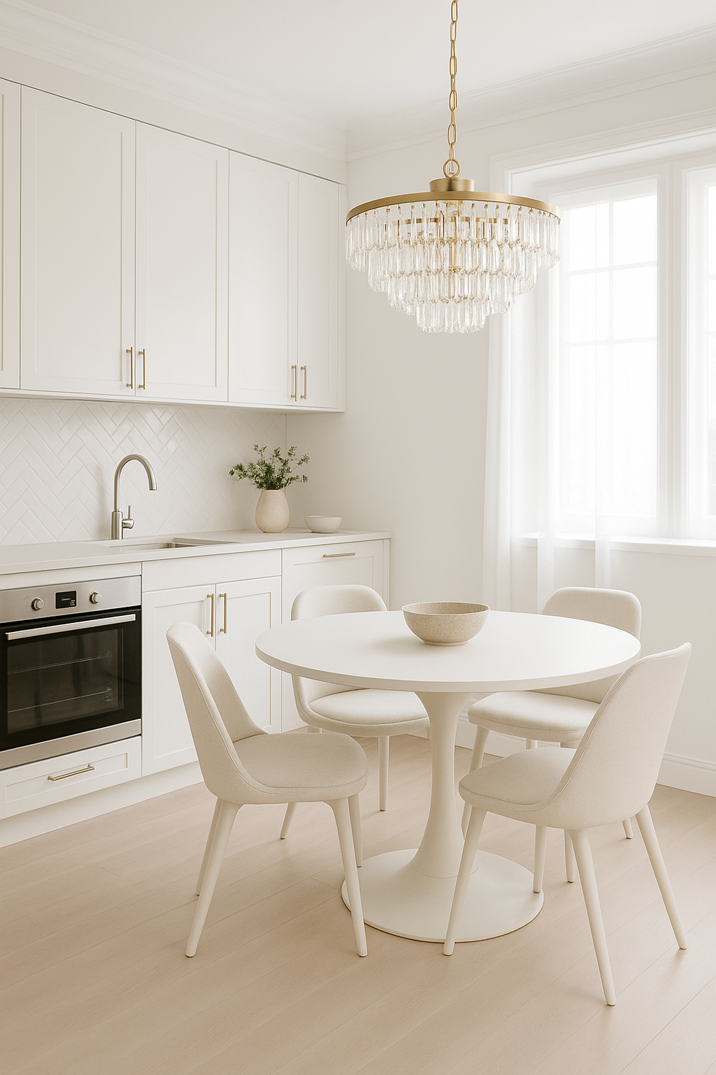 дизайнерская люстра с латунными элементами и стеклом на кухне в светлых тонах