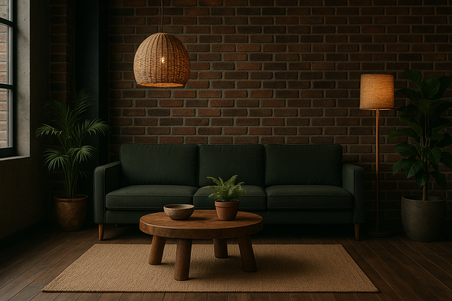 вечерний интерьер дома со светильниками в эко стиле с зеленым диваном и кирпичной стеной
