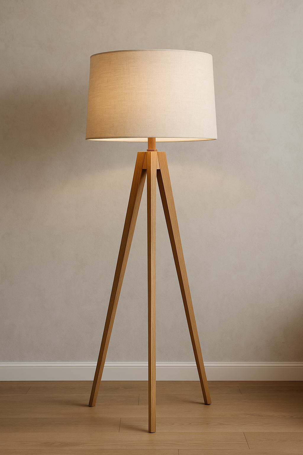 торшер с абажуром из льна в стиле эко с тремя деревянными ножками