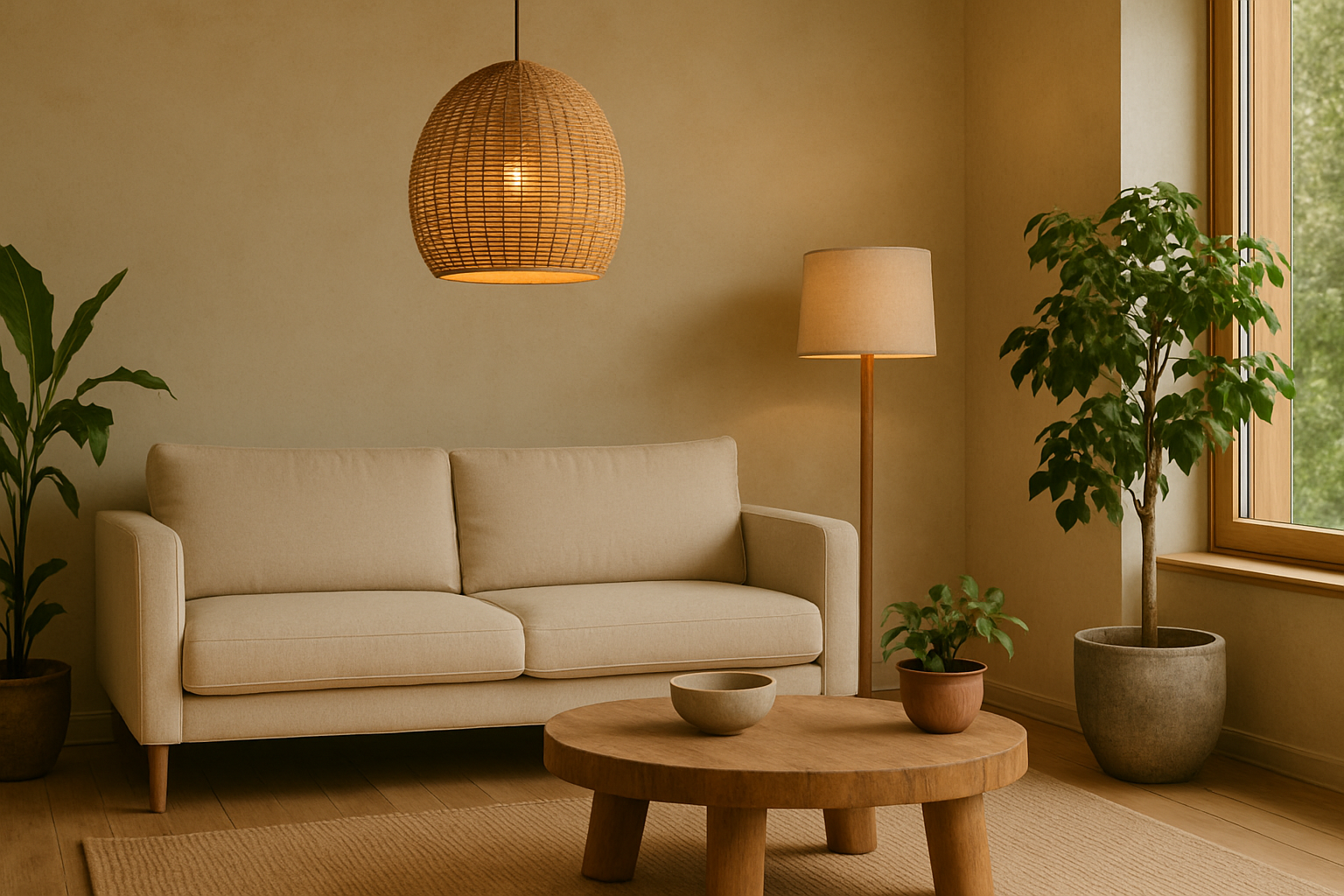светильники и интерьер в эко стиле с ротанговым абажуром и деревянным столиком
