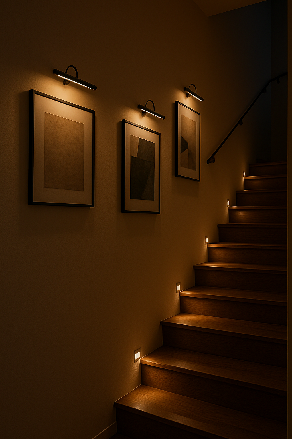 подсветка лестницы в современном интерьере дома в 2025 и 2026 годах, с использованием спроектированных на заказ светильников