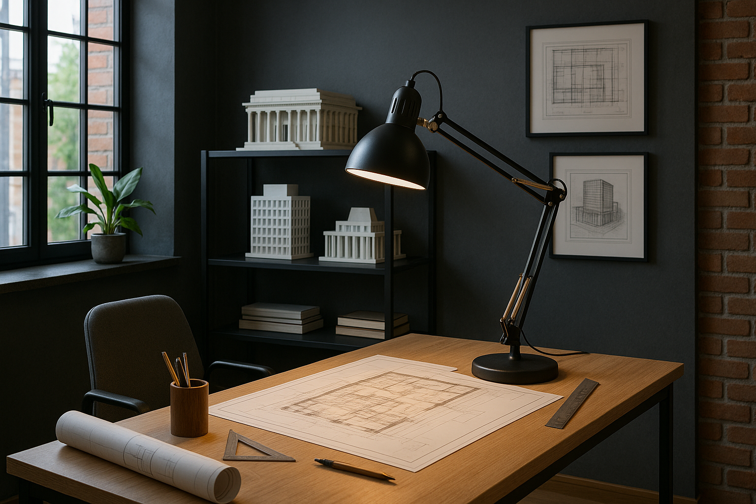 настольная лампа освещаяет чертежи на столе в кабинете архитектора