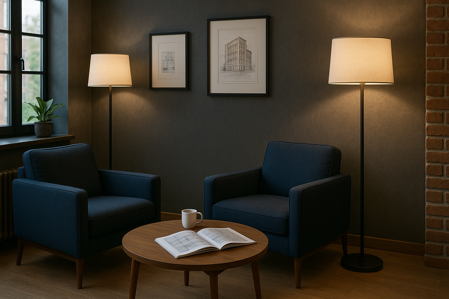 приятный интерьер с темными стенами, мягкими креслами на против окон и тошерами с абажурами теплого цвета