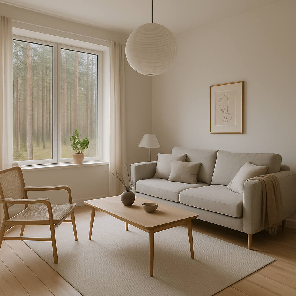 светлый интерьер комнаты со светильником в скандинавском стиле