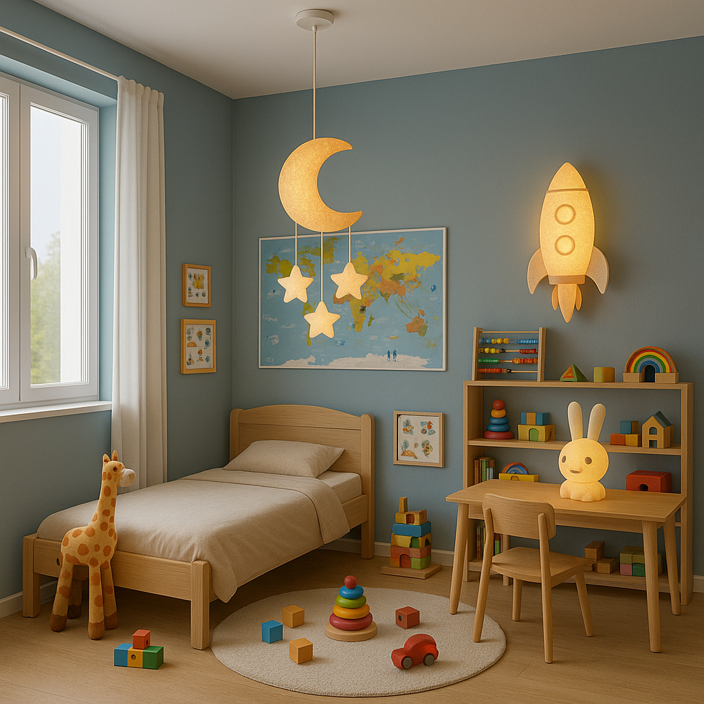 дизайнерские светильники в детской комнате оформленные в едином стиле