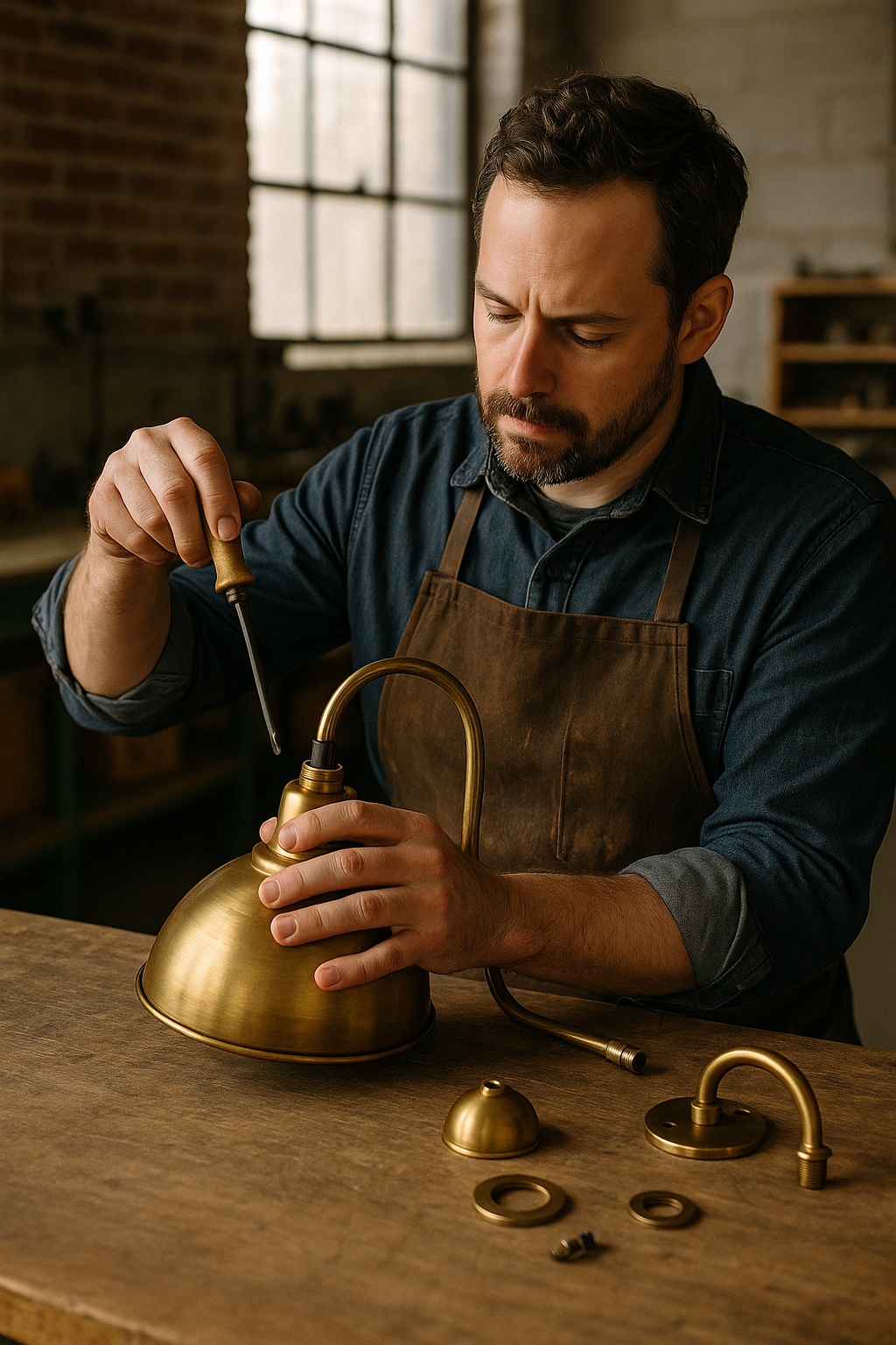 мастер изготавливаем в мастерской светильник ручной работы из латуни