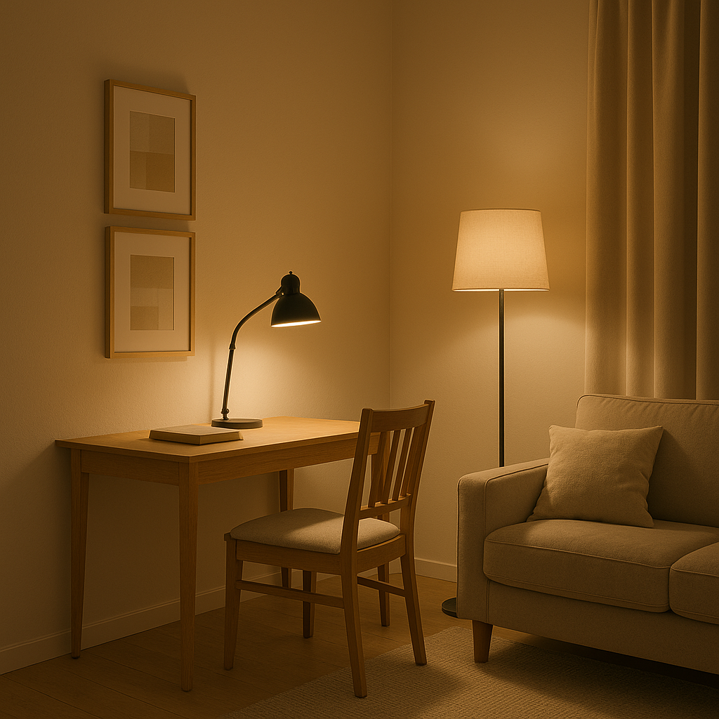 акцентное освещение письменного стола теплым светом в современном интерьере