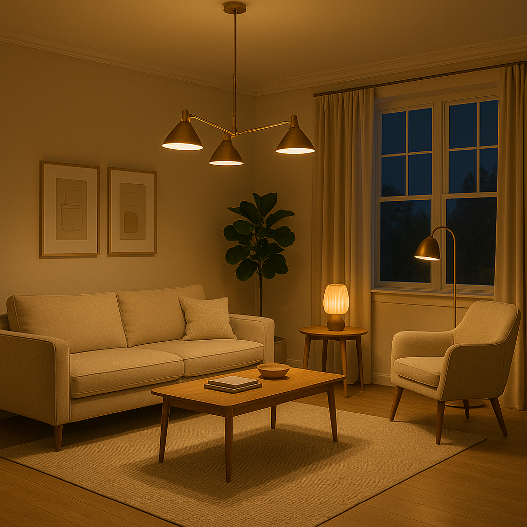 уютный интерьер с дизайнерскими светильниками и теплым освещением