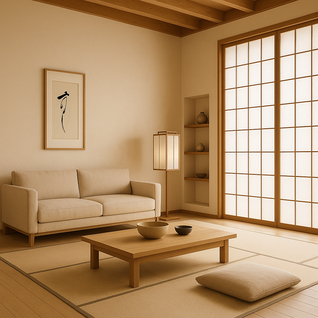 японский интерьер с мягким рассеянным светом и светильником с простой геометрией