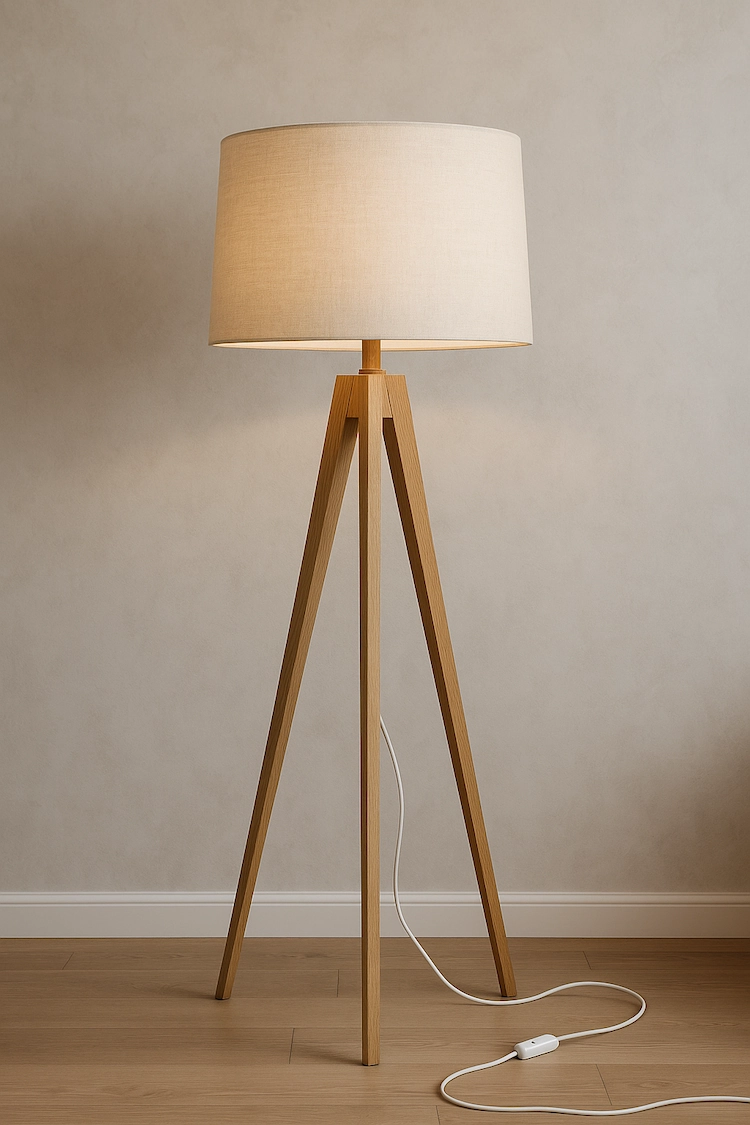 торшер трипод с основанием из натурального дерева и светлым абажуром