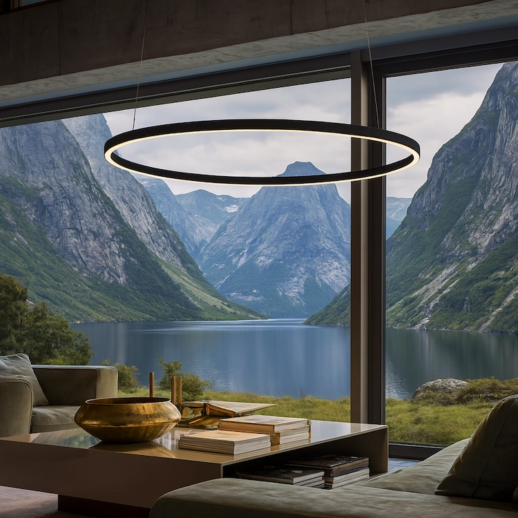 светильник ринг большого диаметра черного цвета на подвесах с направленным вниз источником света