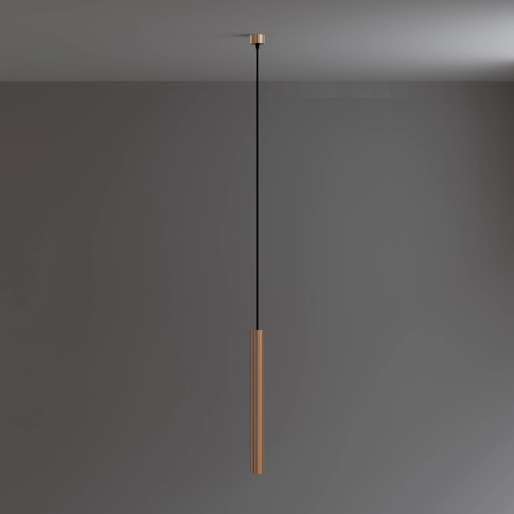 светильник из меди в виде трубочки на подвесе на потолочной чашке