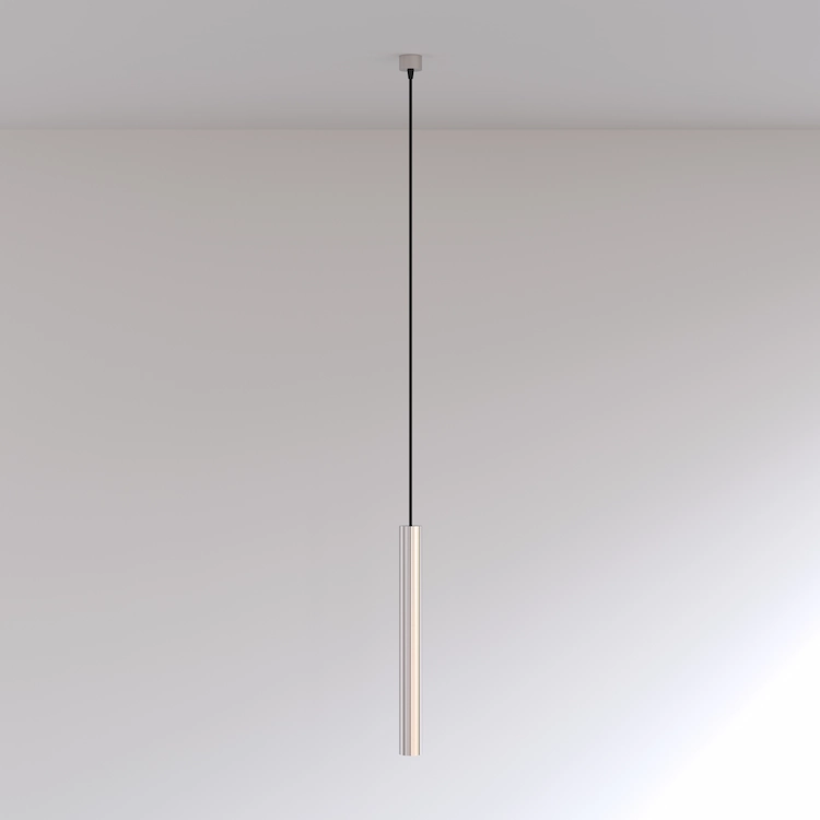 светильник из нержавейки в виде трубочки на подвесе на потолочной чашке