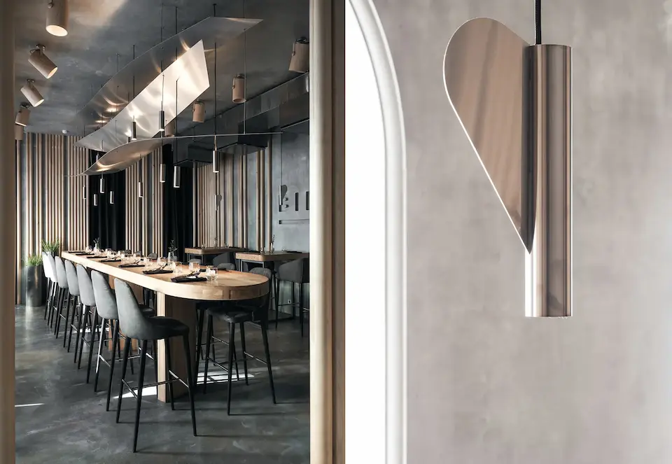 подвесные светильники из нержавейки в виде отполированных до блеска трубочек с декоративными элементами