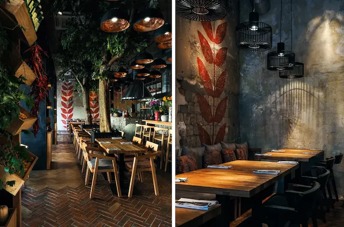 дизайнерские светильники в ресторане грузинской кухни в петербурге